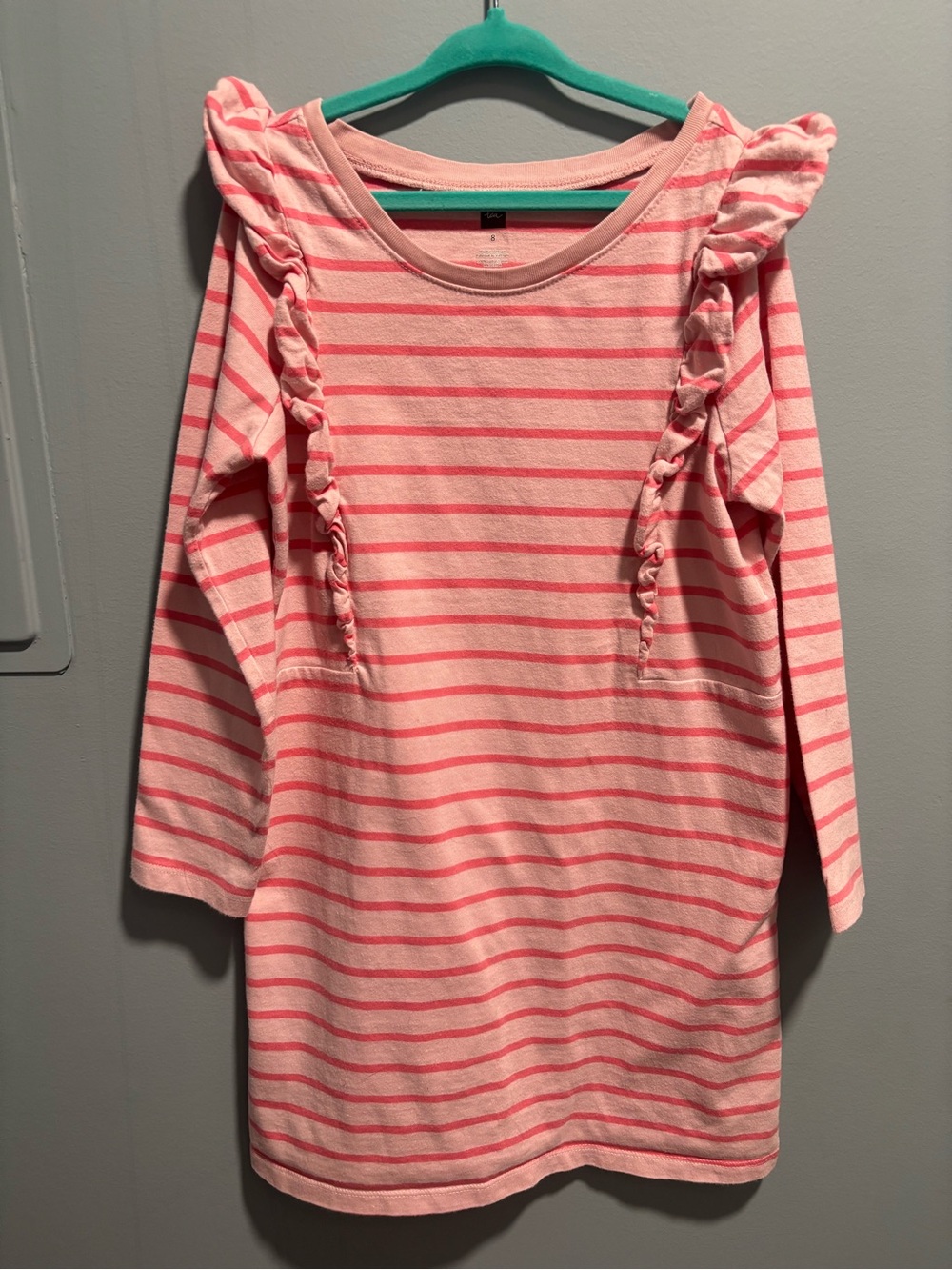 Tea Collection Pink and Coral Striped Ruffle Long Sleeve Dress